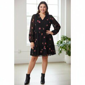 Cece Metallic Fleck Floral Long Sleeve Babydoll Dress Size 1X-